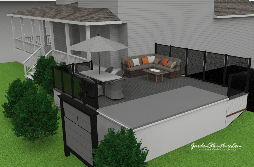 Deck Builders Wasaga Beach - Overall Rendering showing swim spa, furniture, wind wall and privacy screen