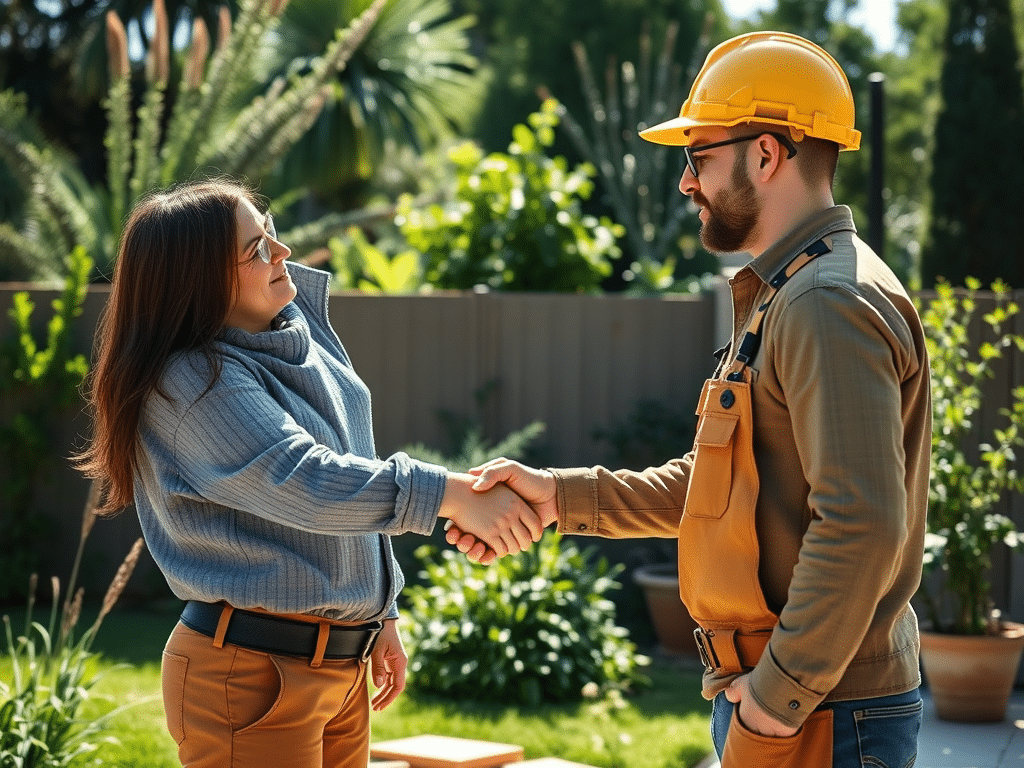 customer meeting with a contractor shaking hands in a back