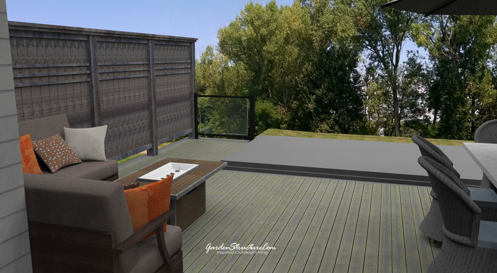 Swim spa deck with wind wall